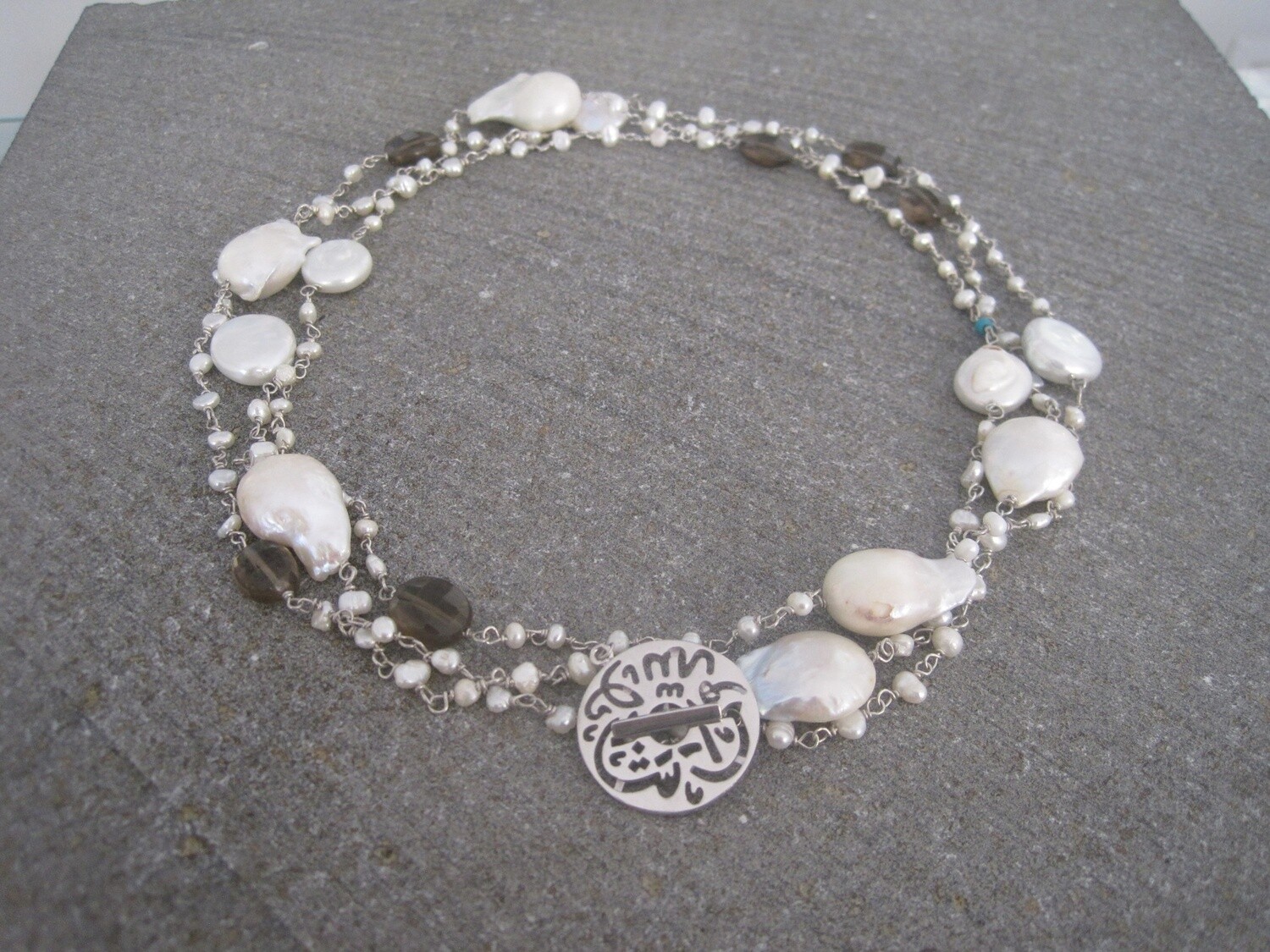 LONG NECKLACE WITH BABY PEARLS AND BAROQUE WITH MASHA ALLAH CLASP