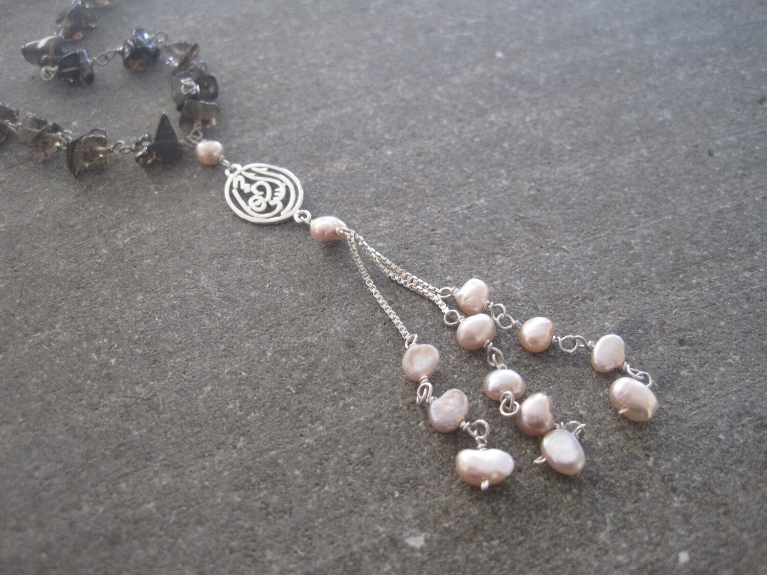 SILVER WIRE NECKLACE. SALAM WORD. PEARL TASSEL