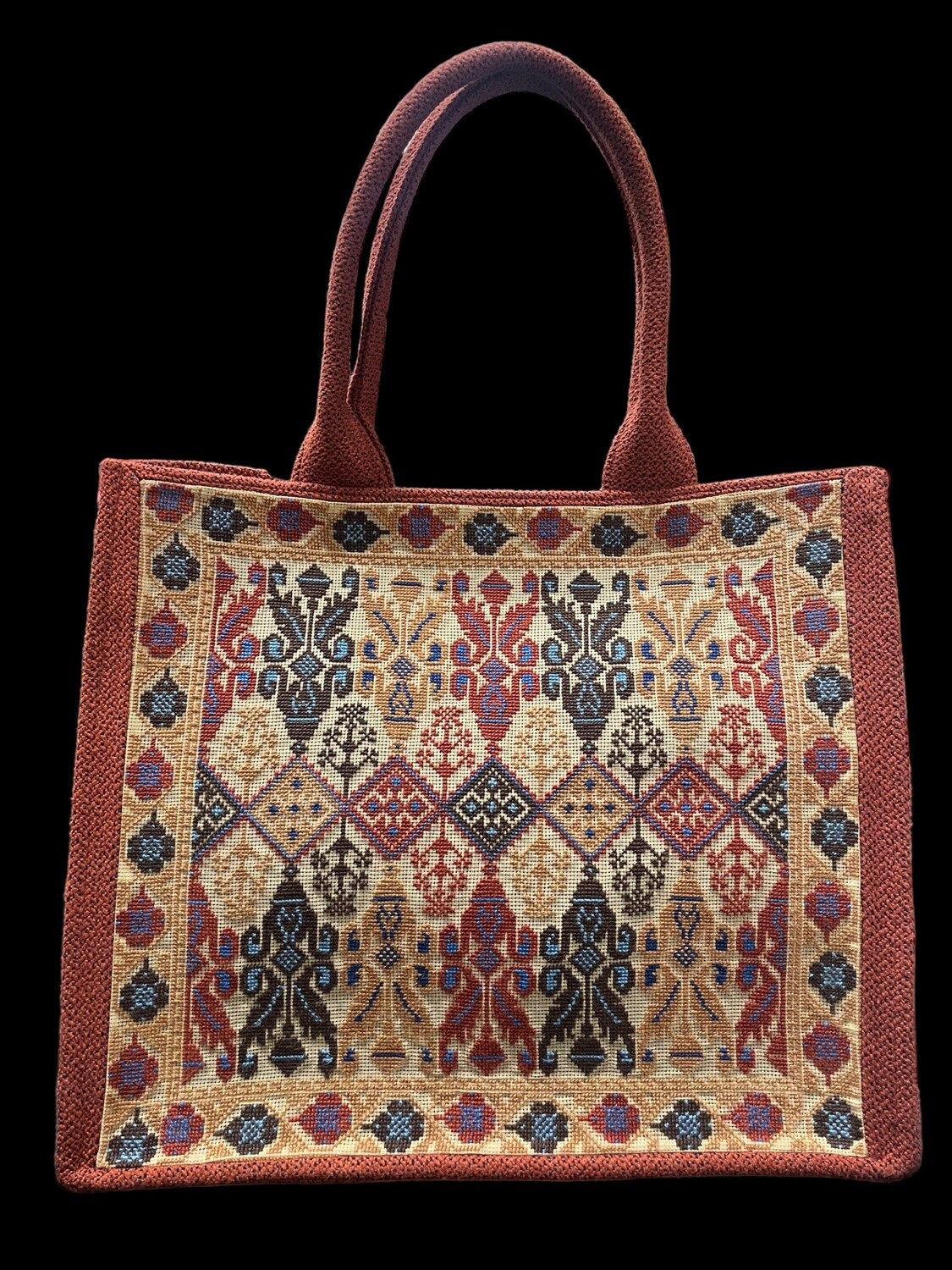 Brick tote bag with beige and blue embroidery