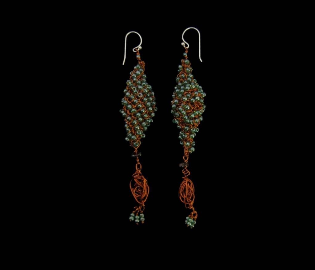 Copper Mesh Long Earrings With Tassel