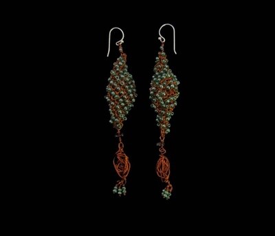 Copper Mesh Long Earrings With Tassel