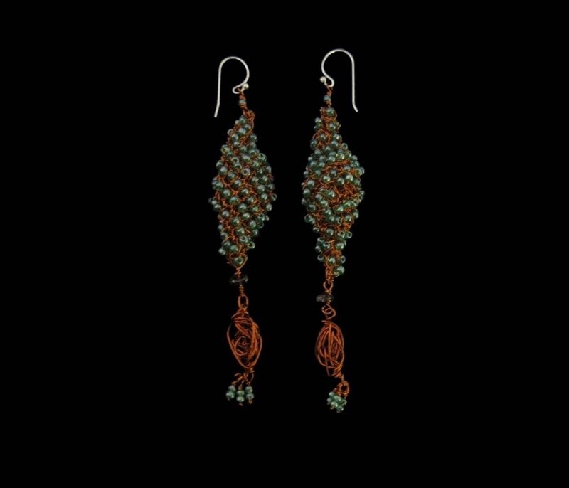 Copper Mesh Long Earrings With Tassel