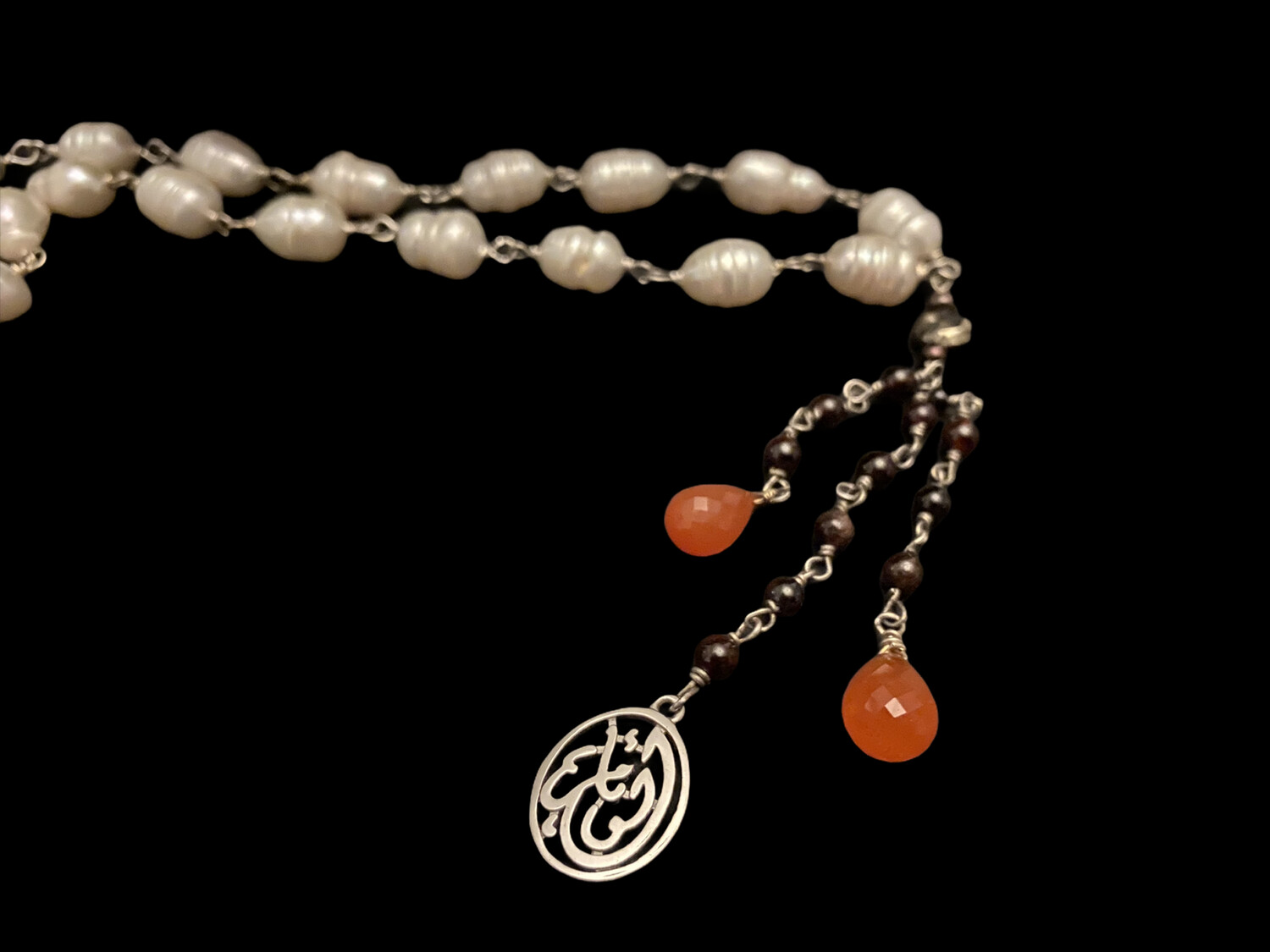 PEARL WIRE NECKLACE WITH SALAM WORD &amp; CUT STONE TASSEL