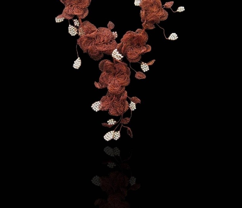 Lace copper crochet necklace with pearls