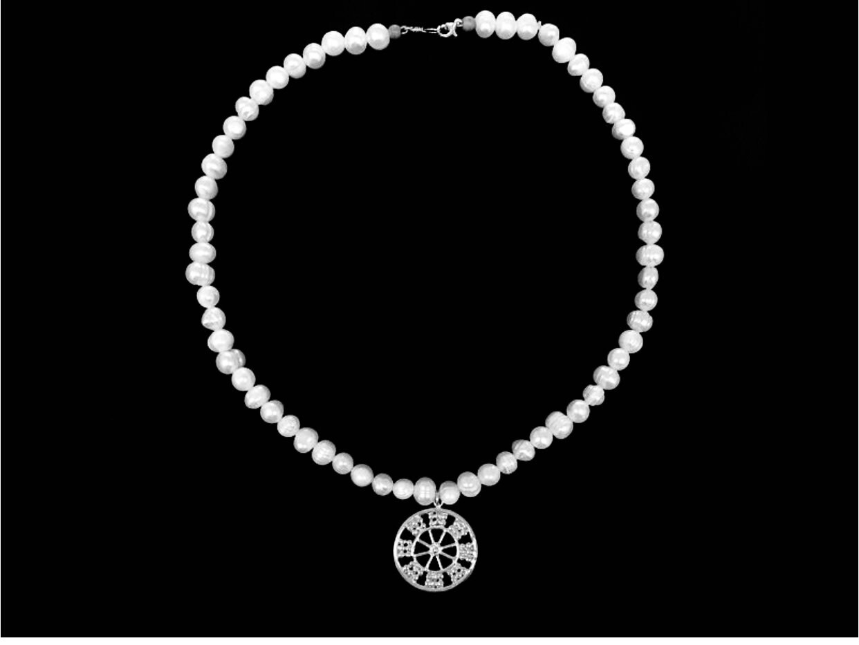 GEMSTONE NECKLACE WITH SILVER ASSYRIAN WHEEL OF FORTUNE