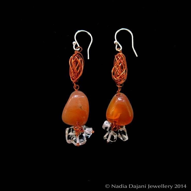 Copper agate earrings with crystal dangles