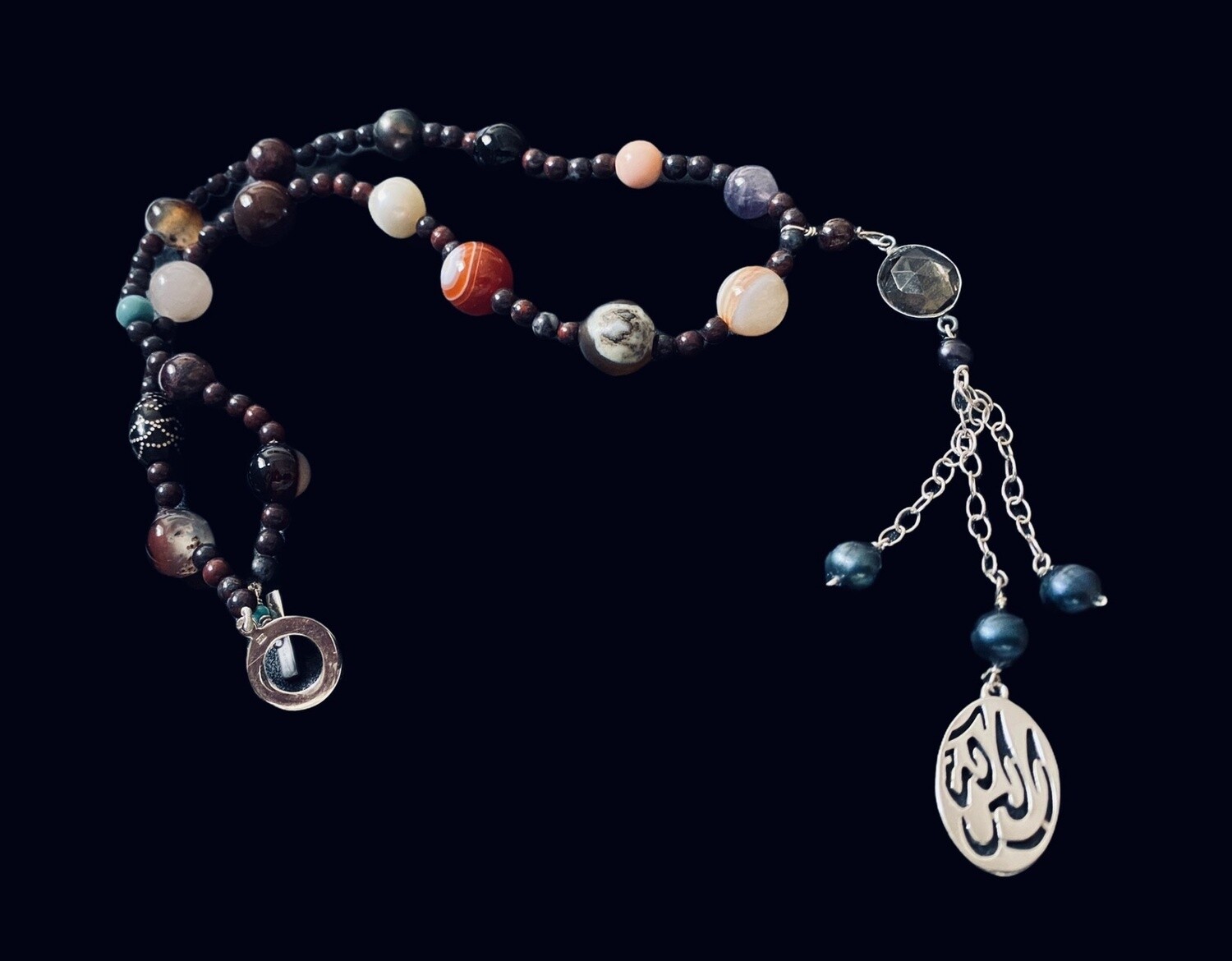MIXED GEMSTONE NECKLACE WITH TASSEL &amp; SALAM WORD