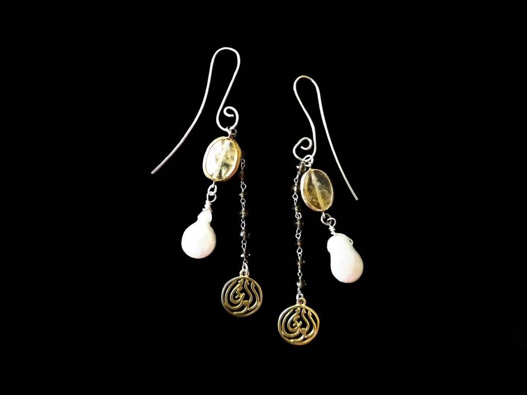 S CURVE EARRINGS WITH GP WORDS AND GEMSTONES LONG
