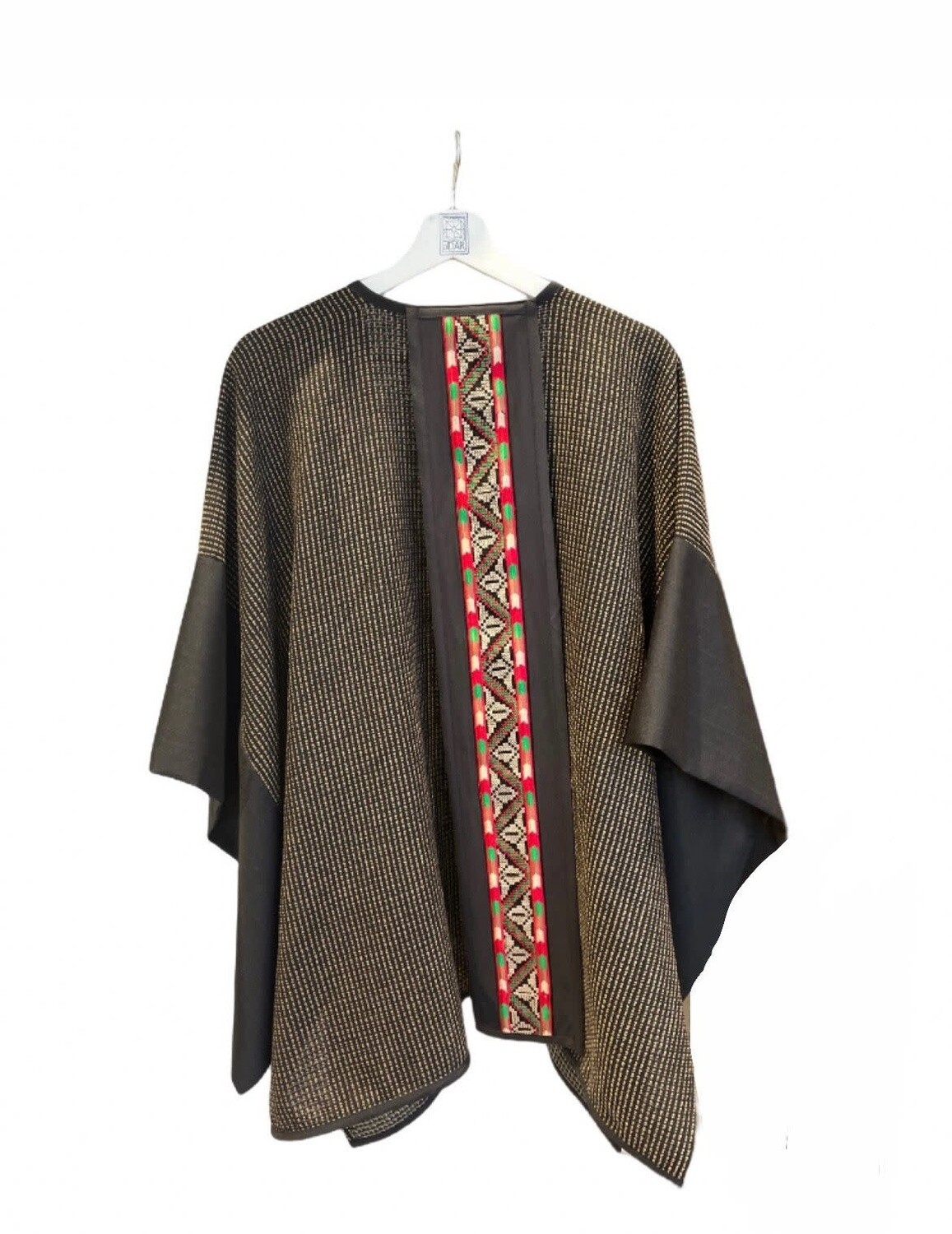 TWEED. KIMONO BLACK SLEEVES &amp; RED EMBROIDERED STRIP