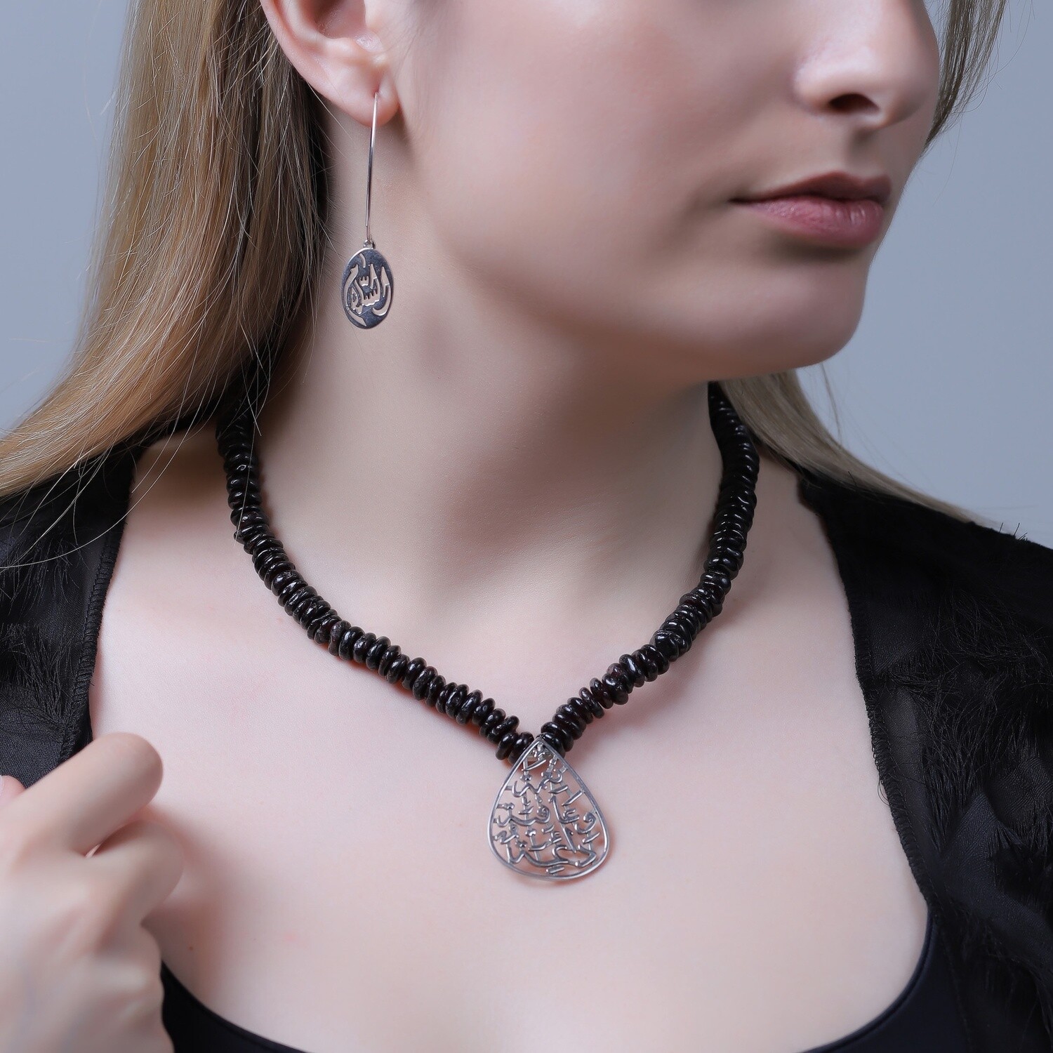 Tear Drop Silver Nima Afia Pendant on Stone Necklace