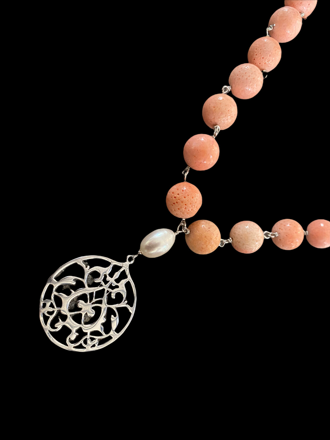 Coral necklace, arabesque drop