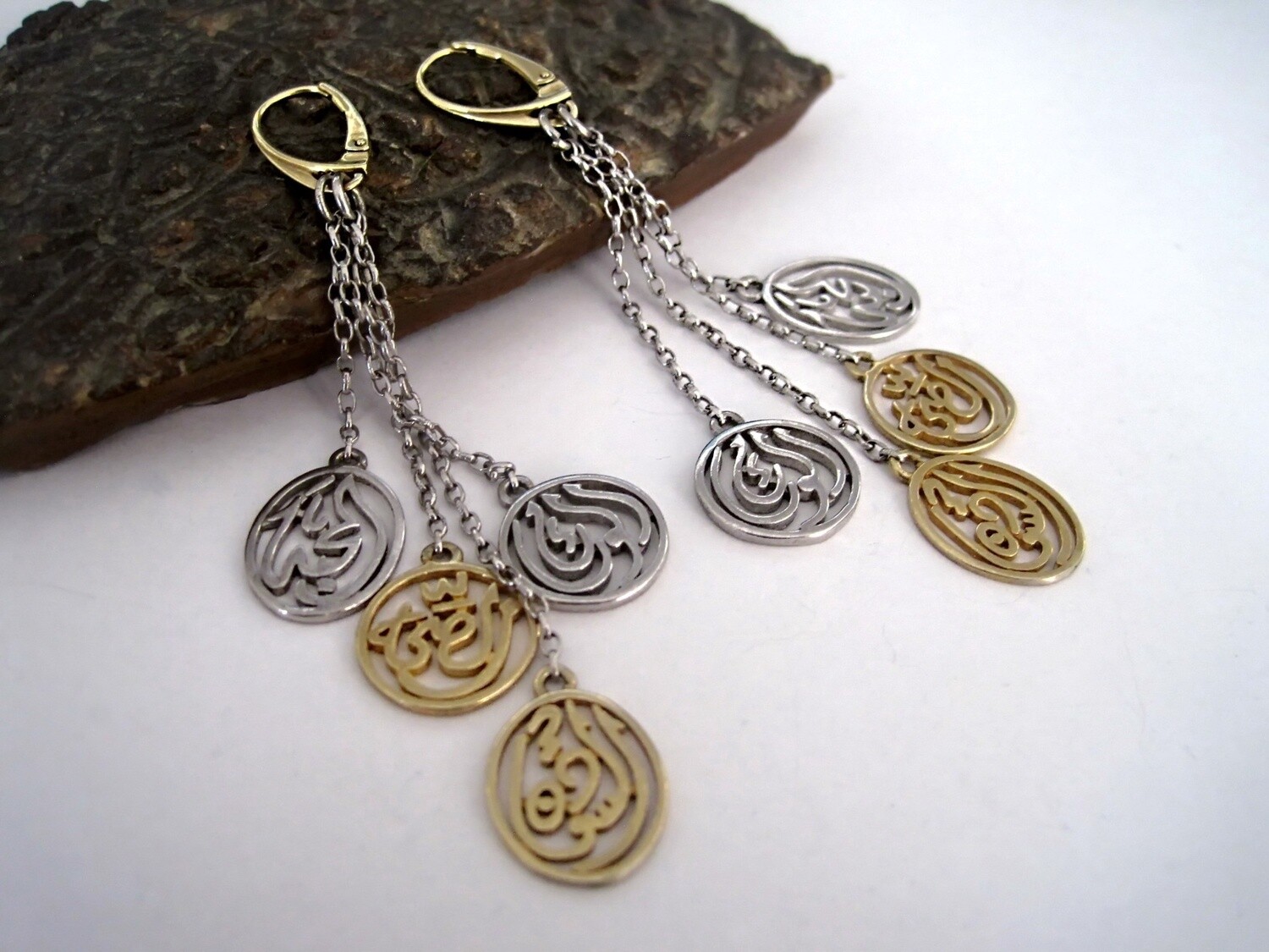 TWO TONE EARRINGS WITH CHAINS AND FRENCH HOOK