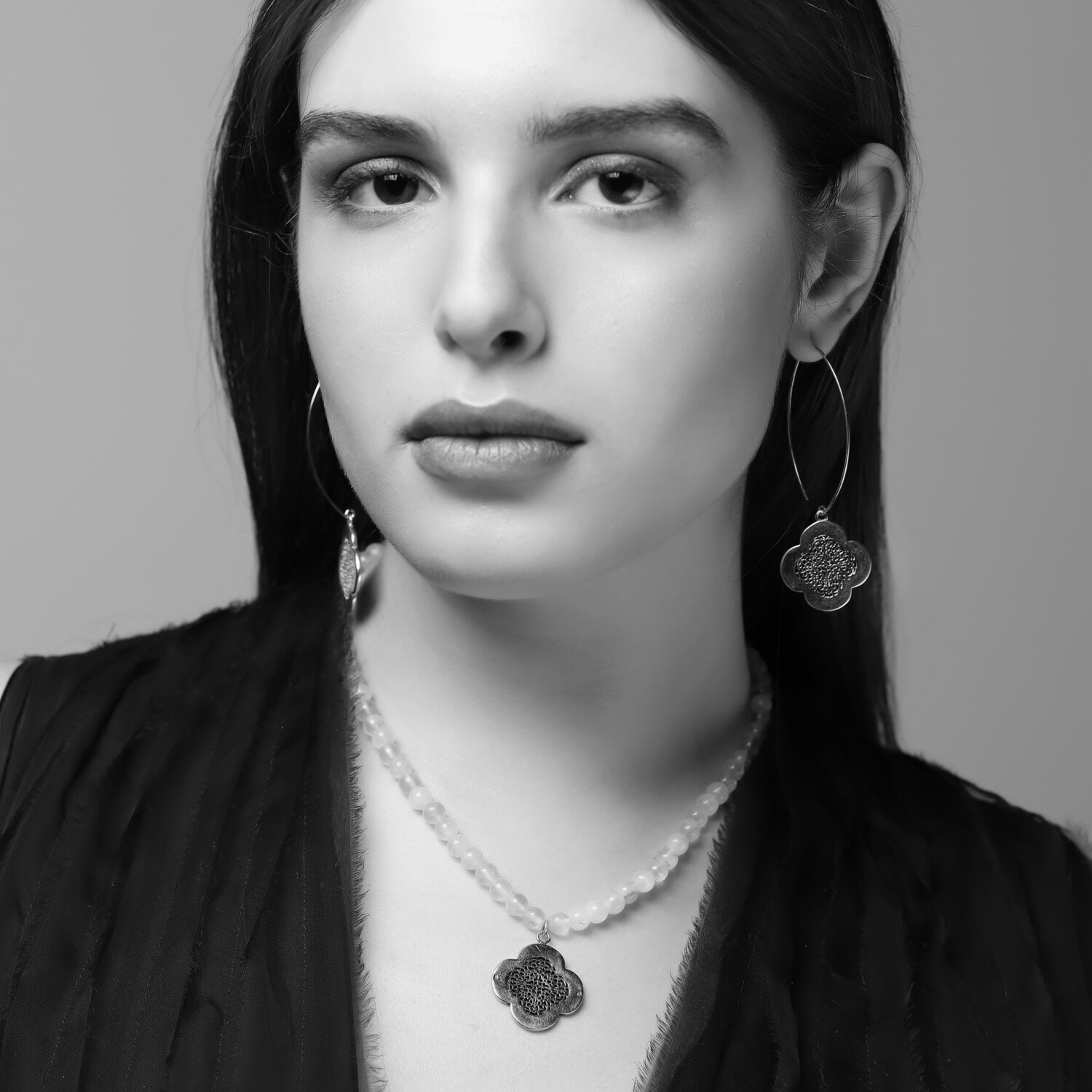 Stone Necklace with Large Silver Clover