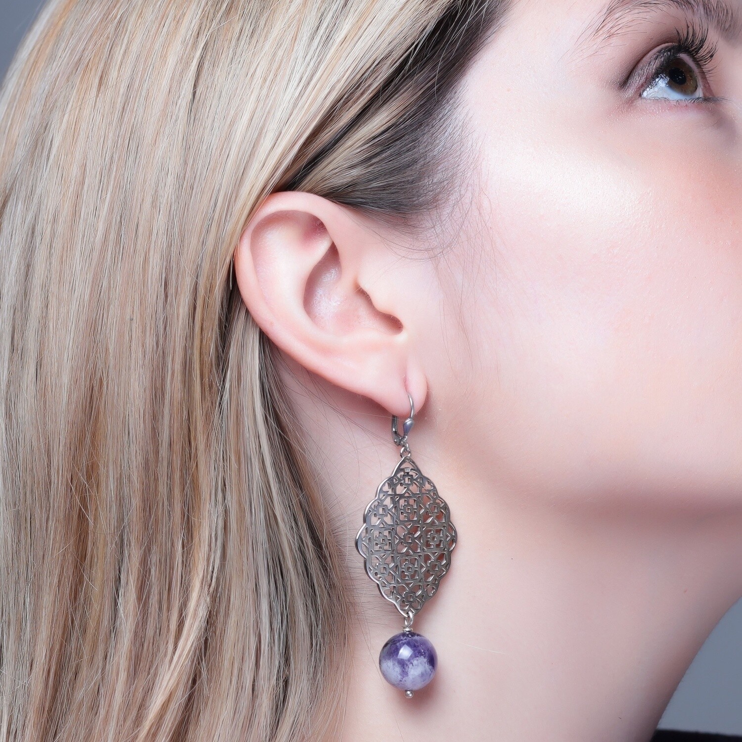 Silver Geometric Earring with Stone Drop