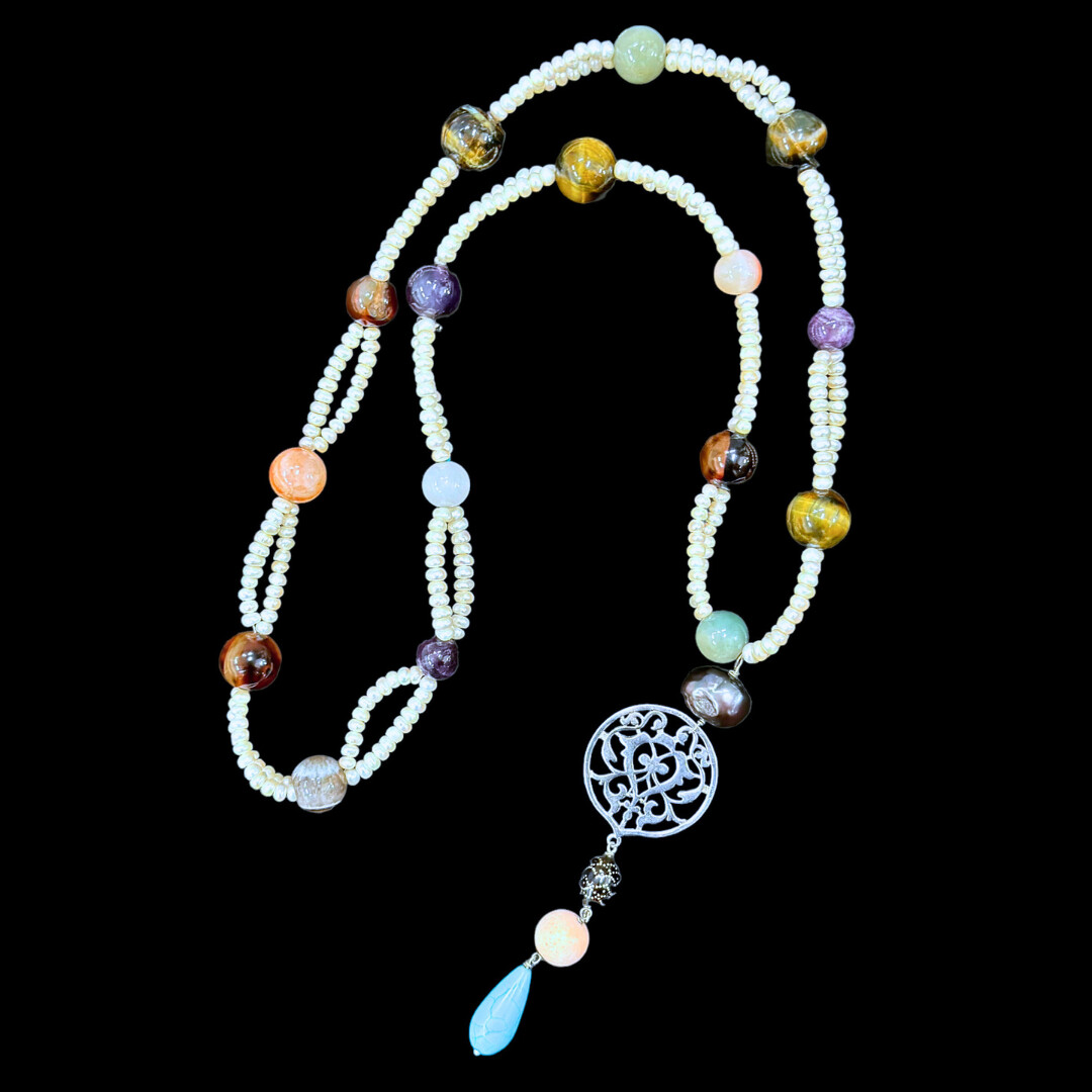 Long Pearl and Multi-Gemstone Arabesque Necklace