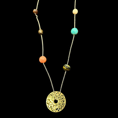 Large Gold Plated Disc with a Long Chain and Gemstones