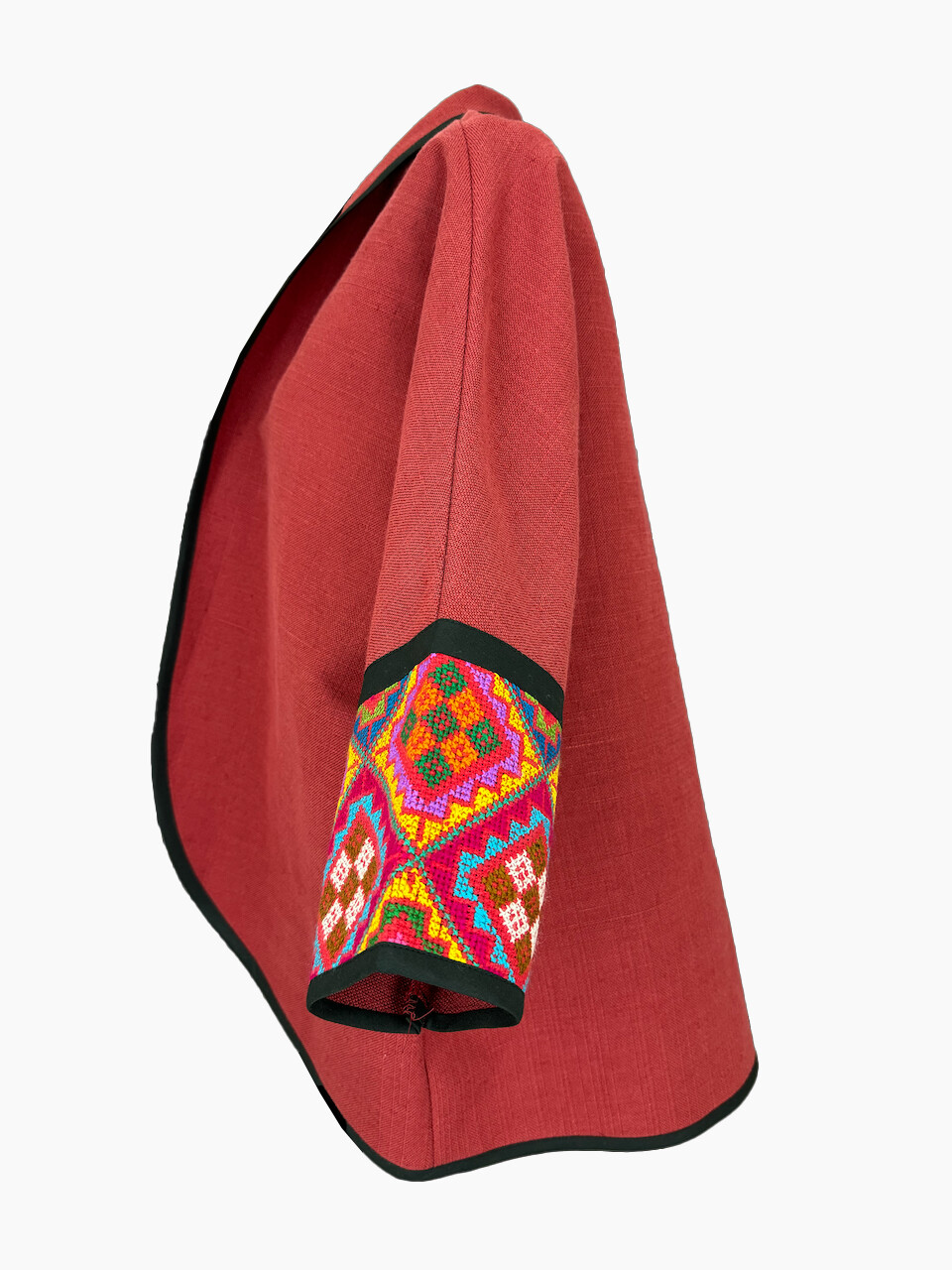 The Round Jacket in Brick Red, Embroidery Style: Geometric