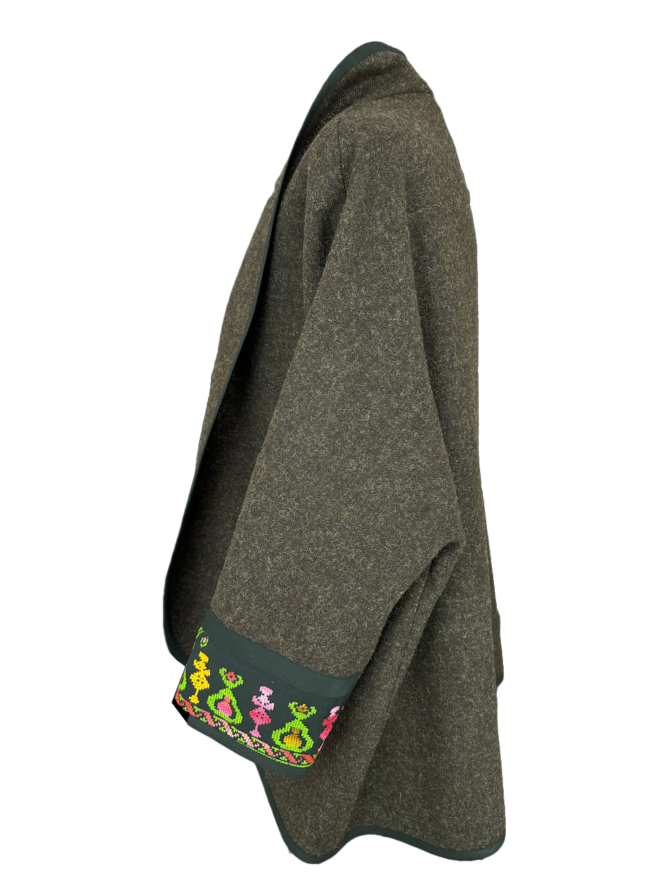 The Round Jacket in Brown Wool, Embroidery Style: Multi