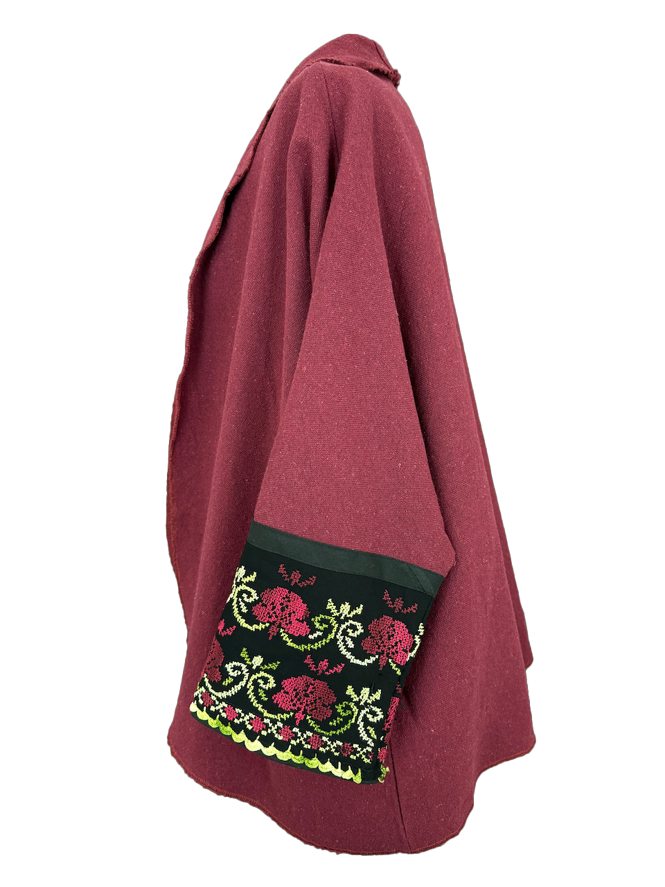 The Round Jacket in Burgundy Egyptian Cotton, Embroidery Style: Floral