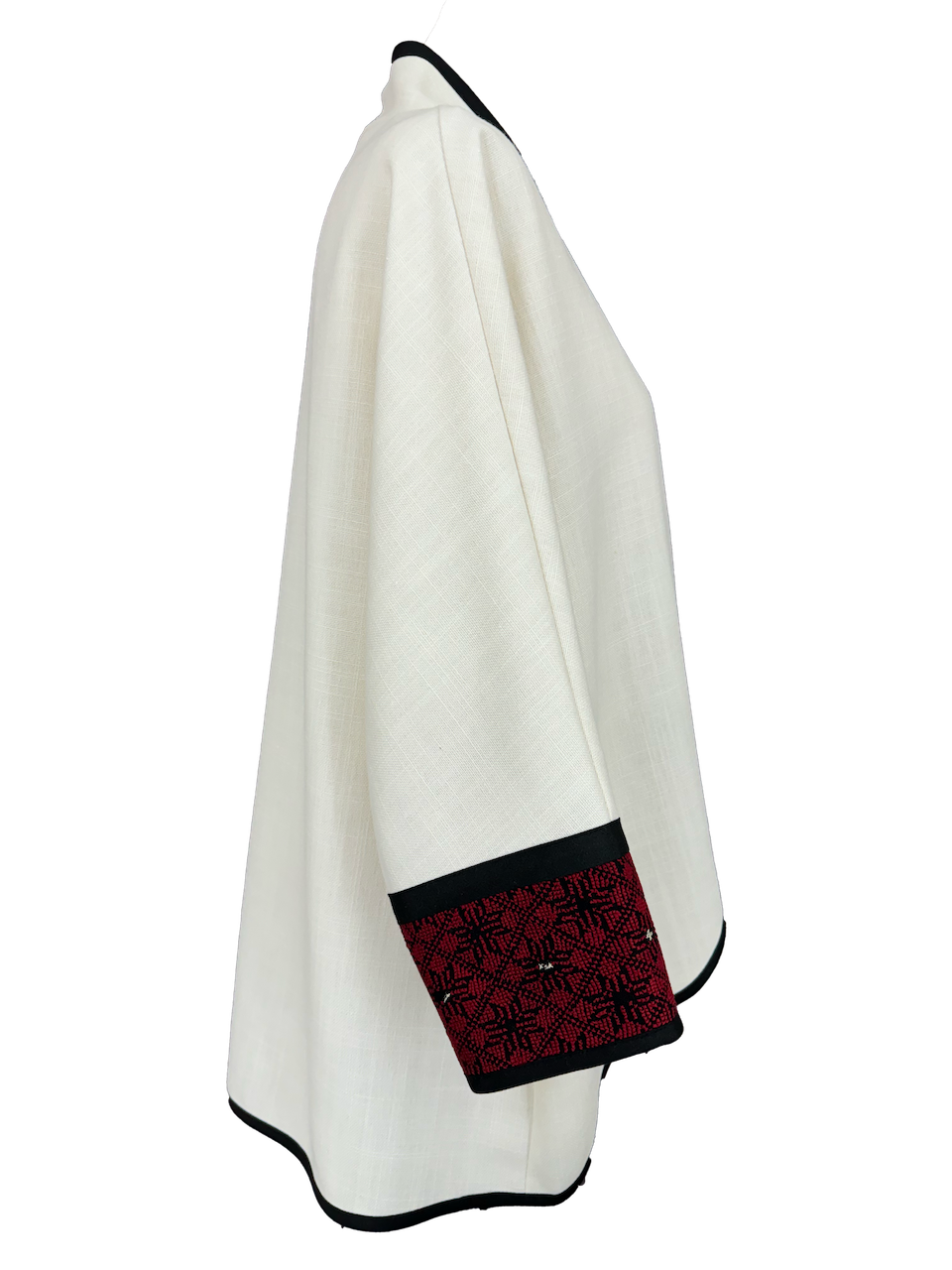 The Round Jacket in White, Embroidery Style: Red 1