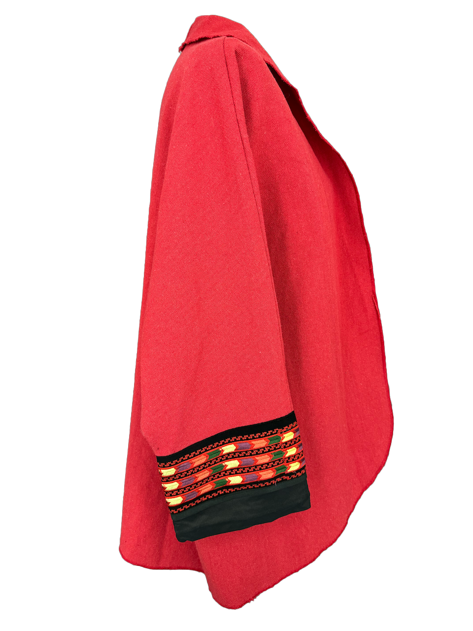 The Round Jacket in Red Egyptian Cotton With Machine Embroidered Cuffs, Embroidery Style: Striped