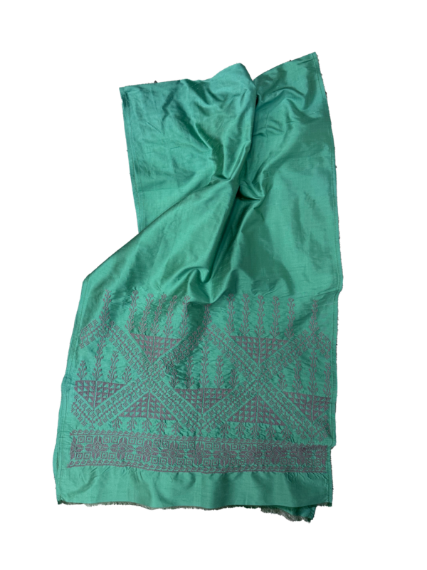 The Embroidered Double Width Thai Silk Scarf in Muted Green