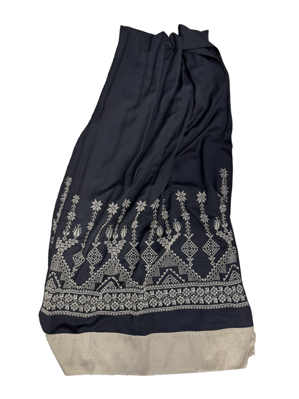 The Wide Embroidered Scarf with Thai Silk Trim in Black