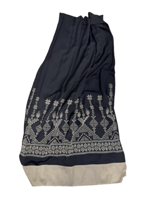 The Wide Embroidered Scarf with Thai Silk Trim in Black