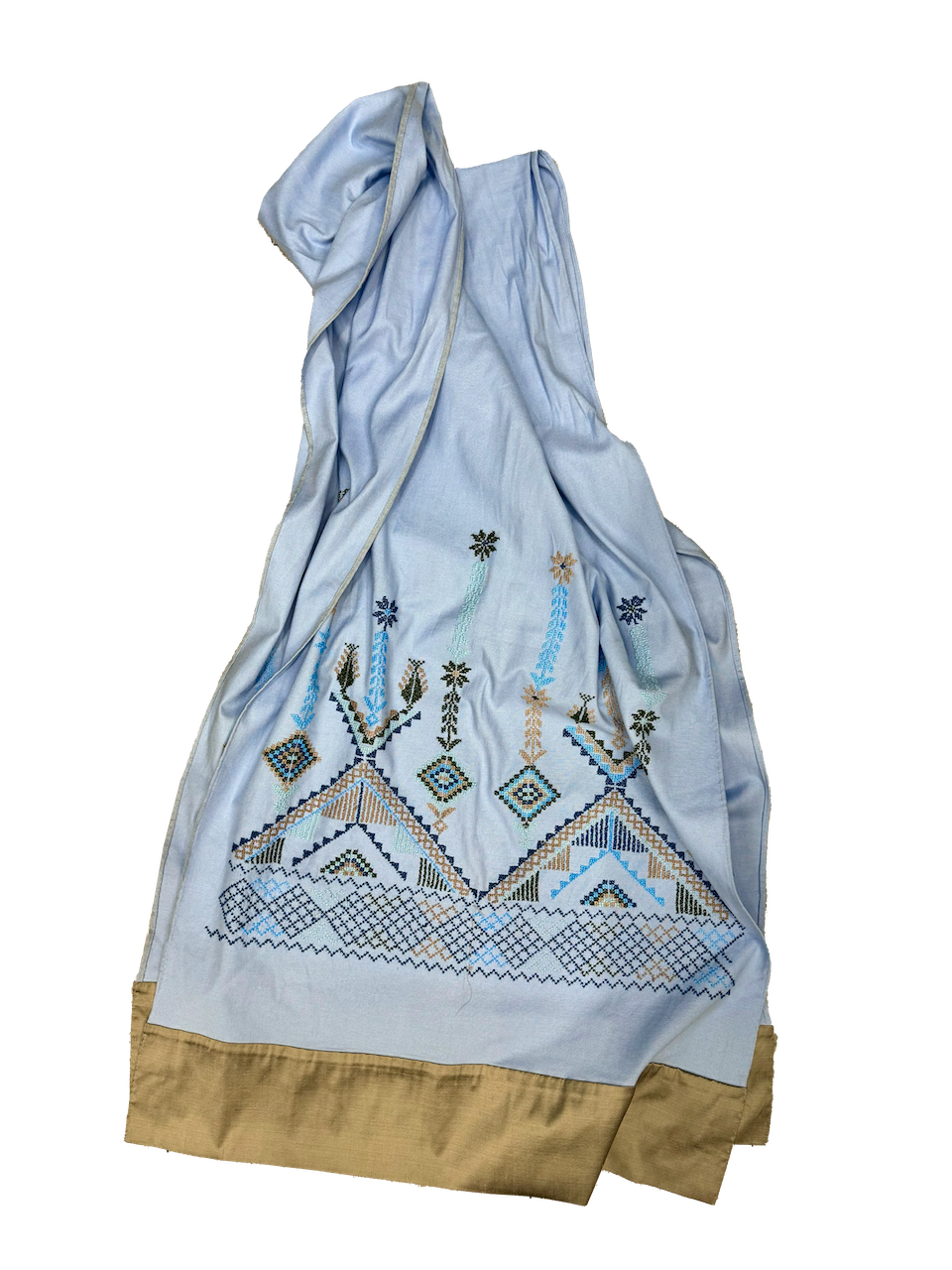 The Embroidered Scarf With Heavy Detailing and Thai Silk in Blue