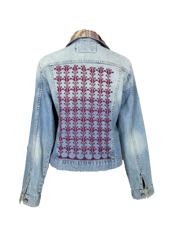 The Heavily Embroidered Denim Jacket in Burgundy With Indian Silk
