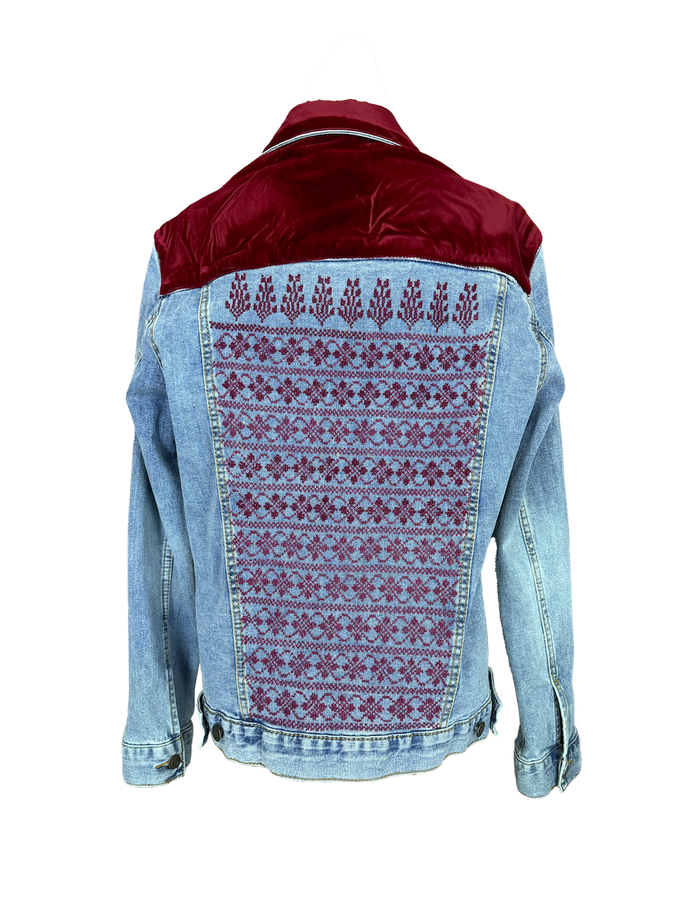 The Heavily Embroidered Denim Jacket in Burgundy With Red Velvet