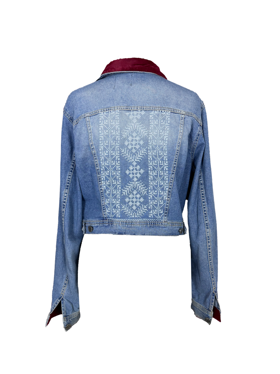 The Embroidered Denim Jacket in Light Blue With Red Velvet