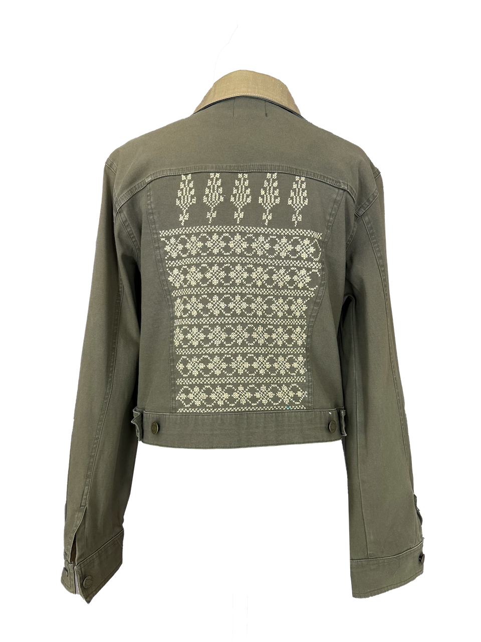 The Heavily Embroidered Denim Jacket in Olive Green With Raw Silk