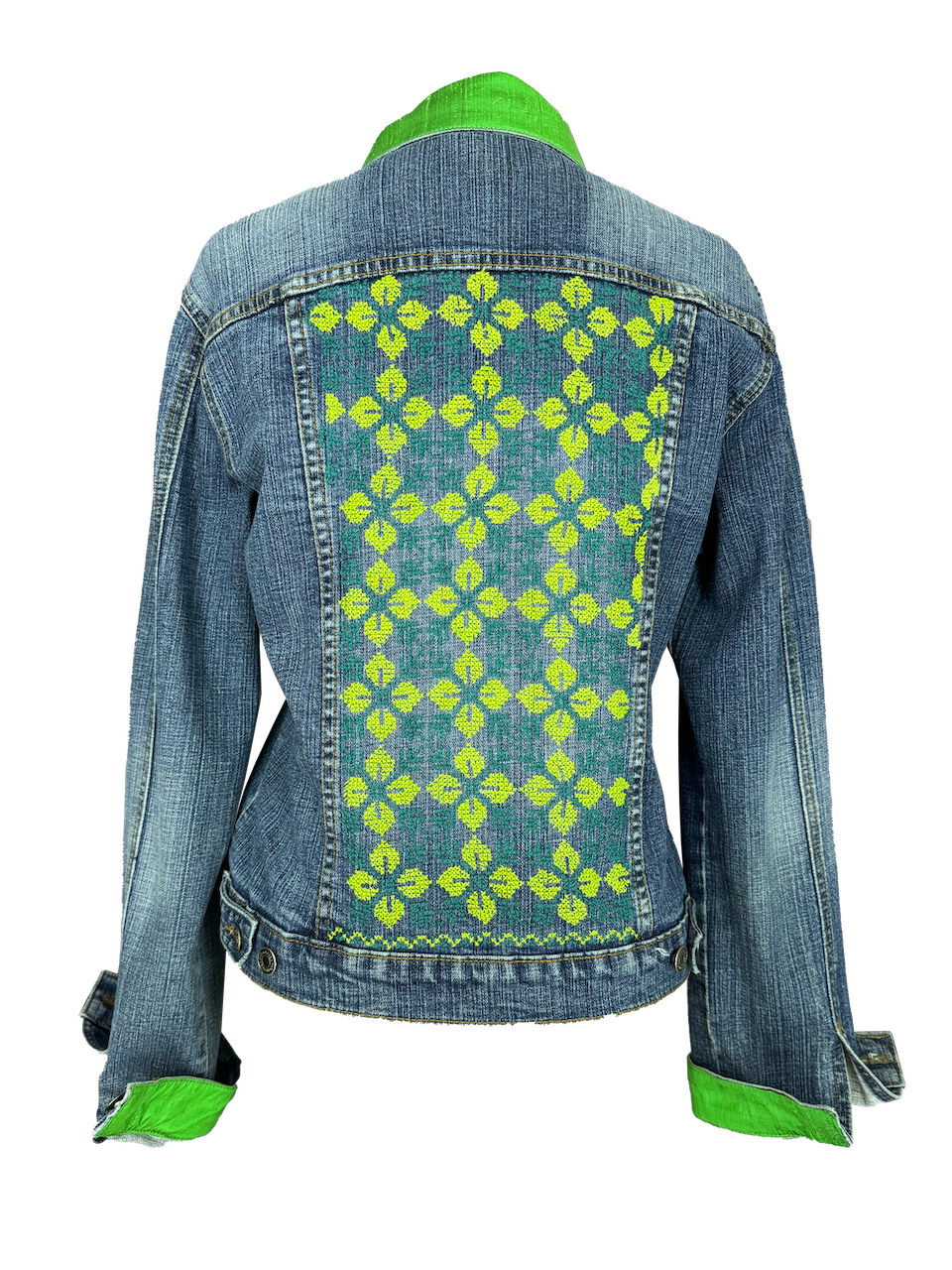 The Heavily Embroidered Denim Jacket in Green With Raw Silk