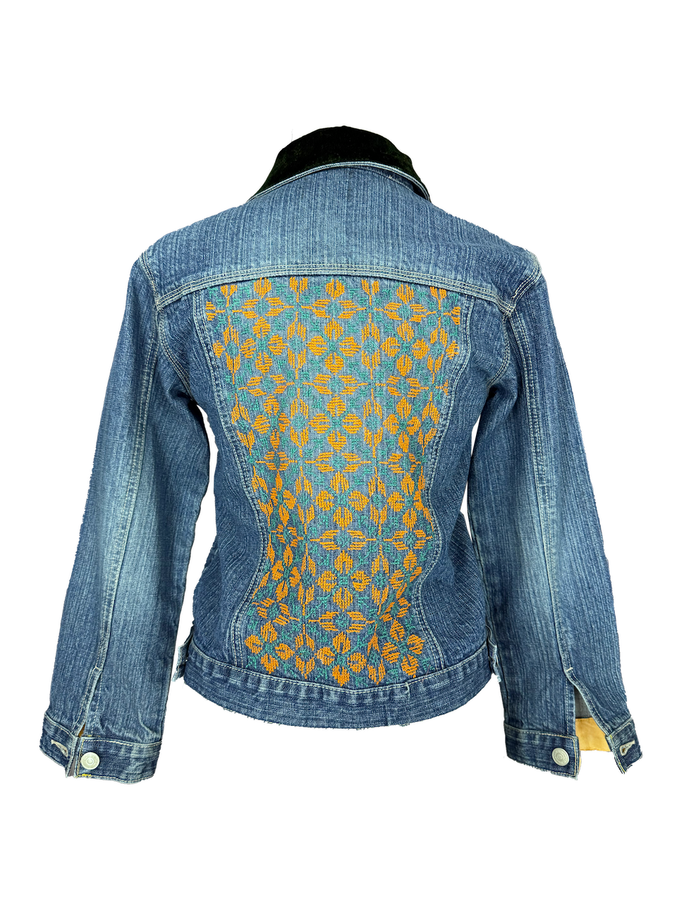 The Embroidered Denim Jacket in Orange and Green