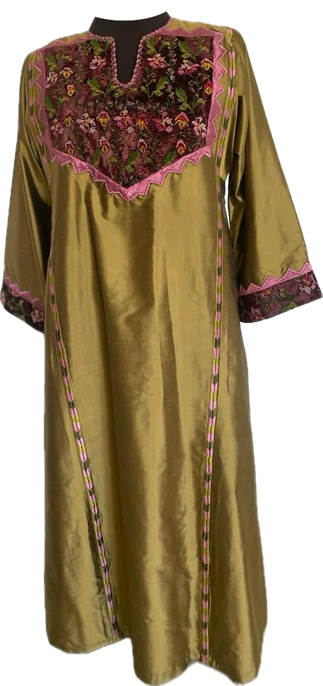 Thob Silk Olive Green appliqued with hand stitch embroidery Velvet purple fabric
