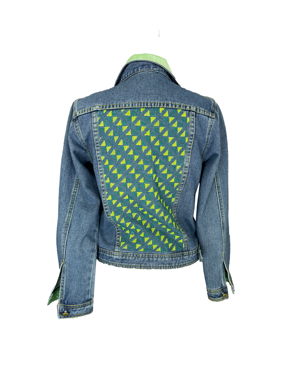 The Heavily Embroidered Denim Jacket in Green With Raw Silk Accents