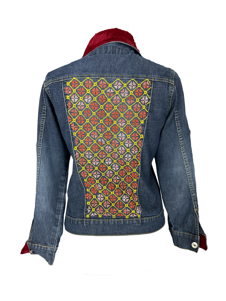 The Embroidered Denim Jacket in Yellow With Red Velvet