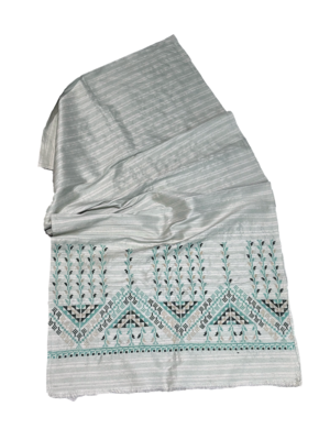 The Embroidered Scarf in White Striped Thai Silk