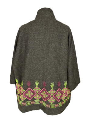 The Embroidered Round Jacket in Dark Brown With Green Embroidery