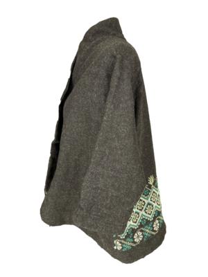 The Embroidered Round Jacket in Dark Brown With Teal Embroidery
