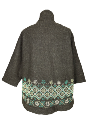 The Embroidered Round Jacket in Dark Brown With Teal Embroidery