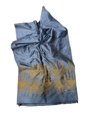 The Embroidered Scarf in Dusty Blue Thai Silk