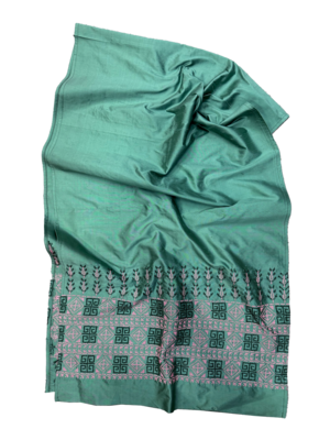 The Embroidered Double Width Thai Silk Scarf in Muted Green