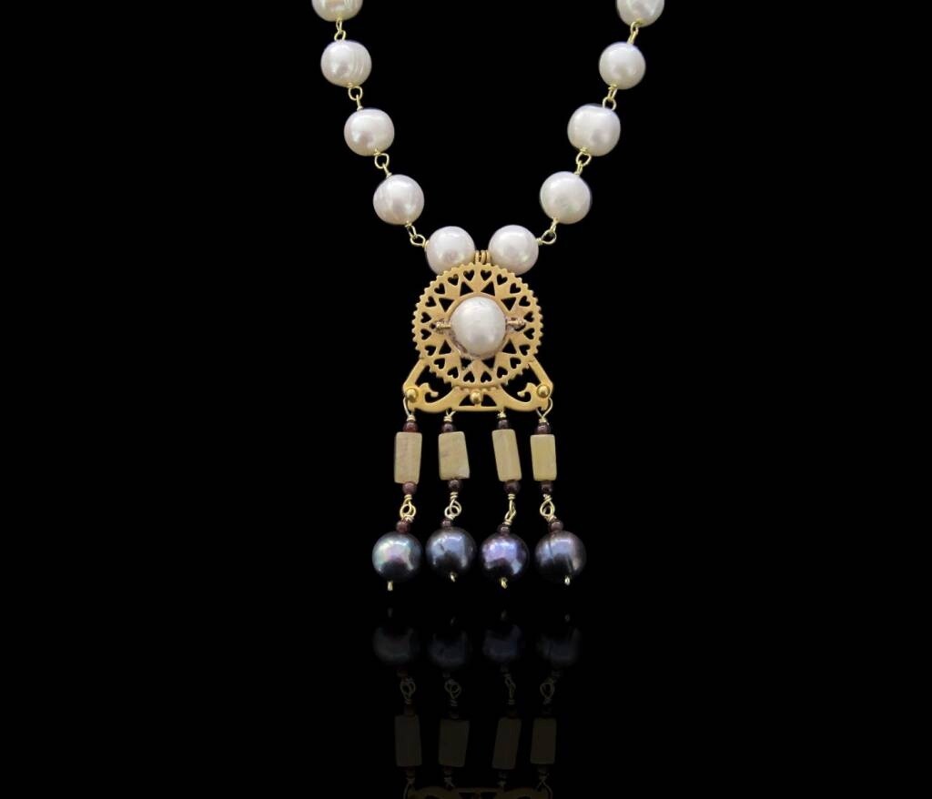 Pearl necklace with Byzantine motif and gemstone tassels