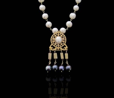Pearl necklace with Byzantine motif and gemstone tassels