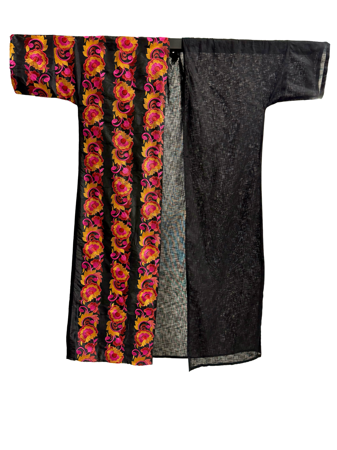 The Linen Bisht in Black with Fuschia Multi Embroidery
