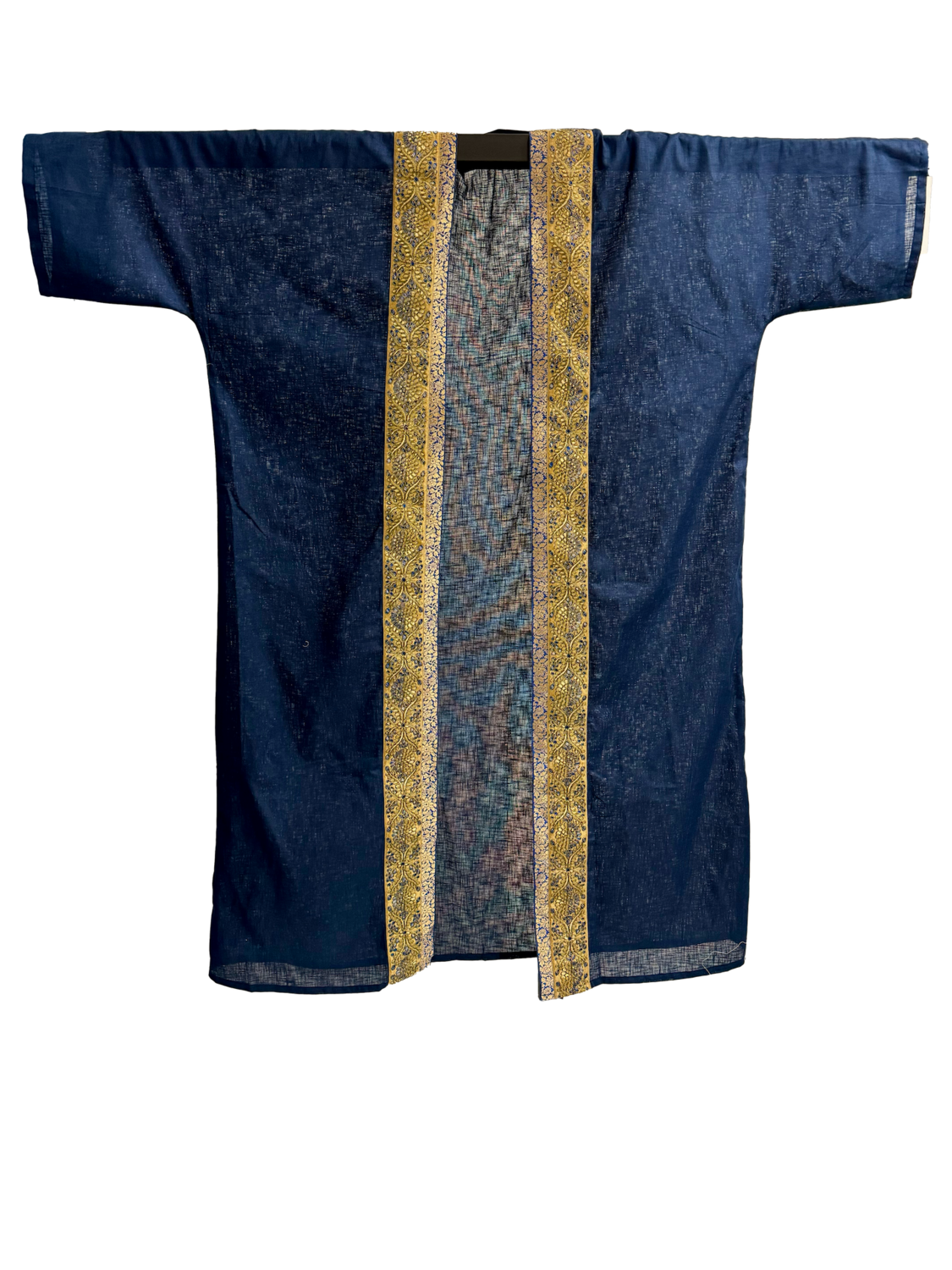 The Linen Bisht in Blue with Paisley Embroidery and Indian Silk