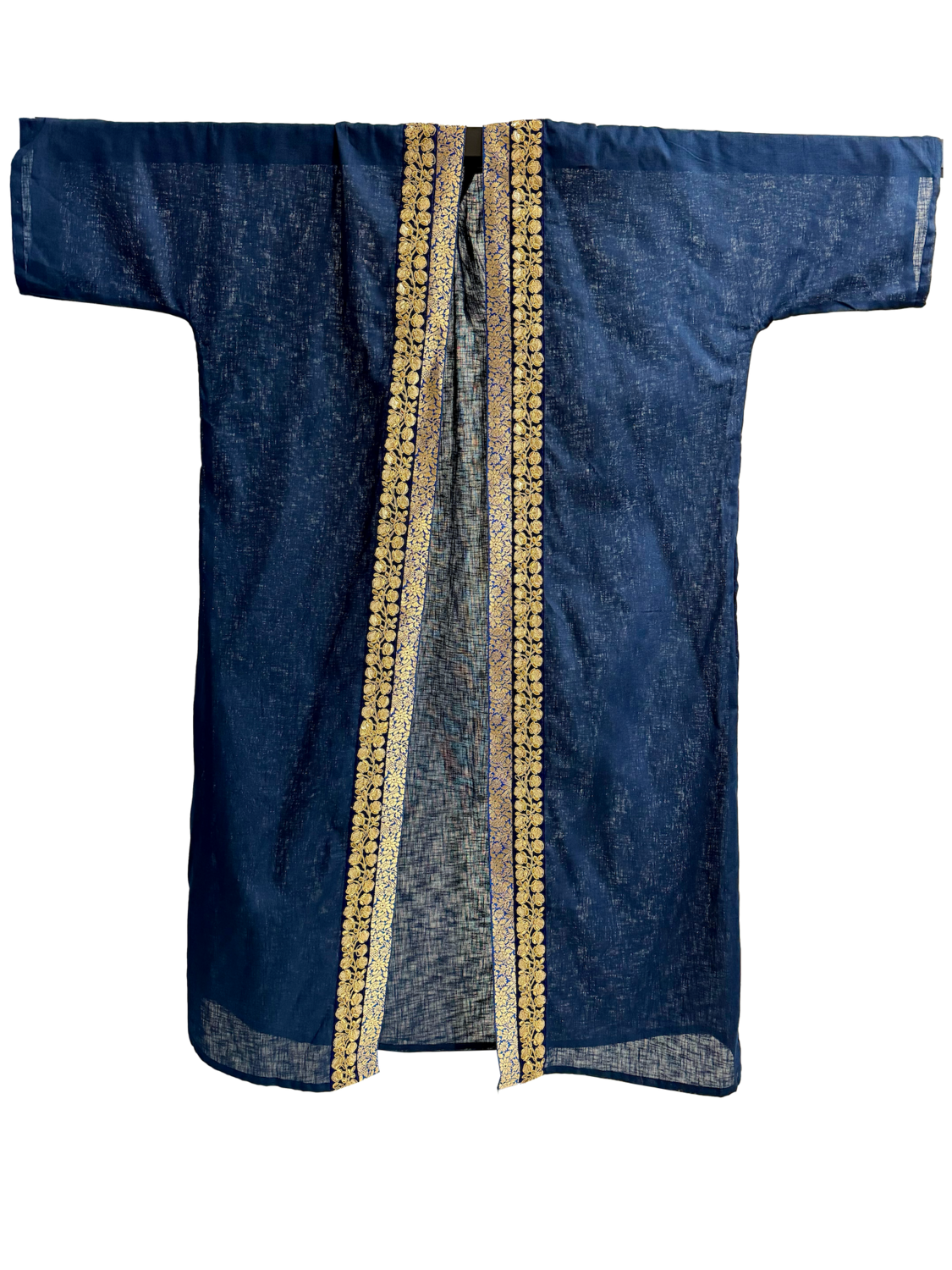 The Linen Bisht in Blue with Floral Embroidery and Indian Silk