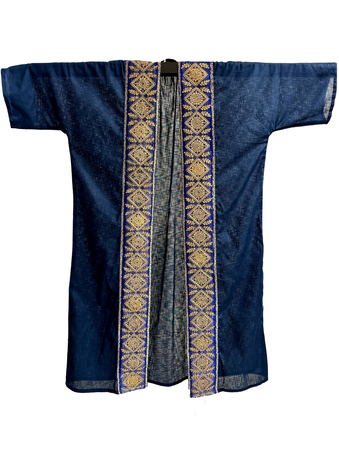 The Linen Bisht in Blue with Wide Geometric Embroidery